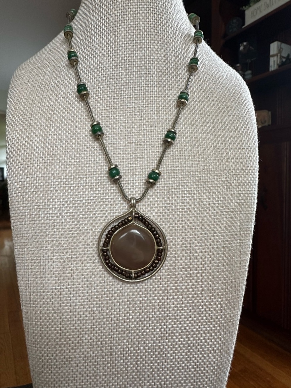 Liz Claiborne Green Bead Necklace with Silver-Tone Reversible Pendant